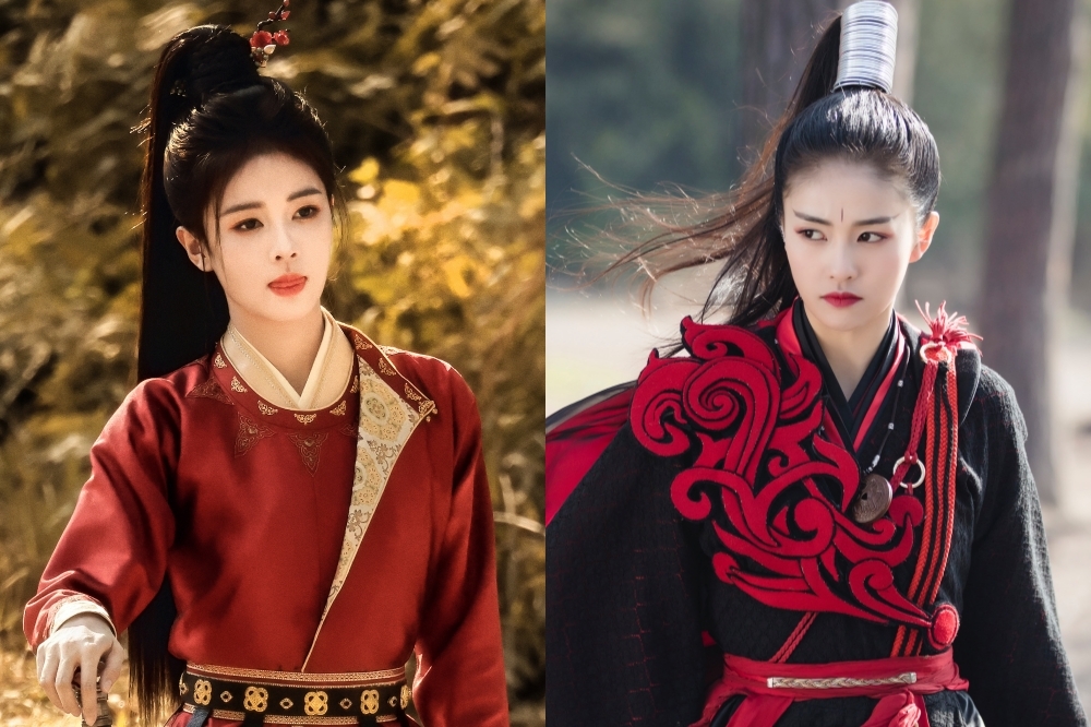 陸劇女神白鹿主演《以愛為營》、《寧安如夢》爆紅，她與王星越正在拍新劇《唐宮奇案》（左圖），日前她7套造型曝光，其中她穿紅衣騎馬的帥氣模樣，讓全網夢回她5年前在《招搖》（右圖）演女魔頭的名場面。（翻攝自微博）
