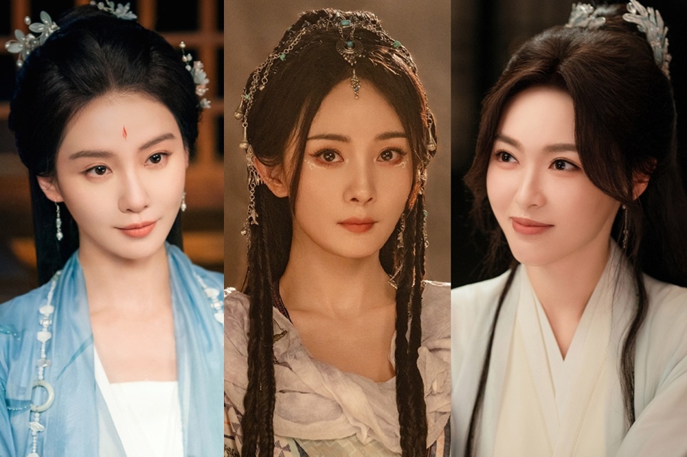 劉詩詩（左）與張雲龍接演由楊冪（中）、龔俊主演的《狐妖小紅娘月紅篇》姐妹作《淮水竹亭》，即將在13日播出，屆時將同檔對決唐嫣（右）新劇《念無雙》，以及孫儷的懸疑新劇《烏雲之上》，3位陸劇女神PK戰即將開打。（取自微博）
