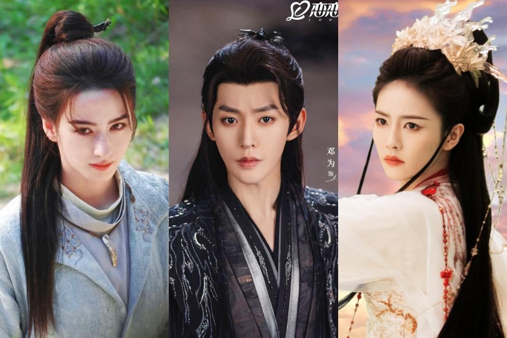 鄧為主演《長相思》爆紅，他在《仙台有樹》飾演的「蘇易水」（中）的角色，人氣更勝白鹿在《臨江仙》飾演的「李青月」（右）。鄧為現正與「小迪麗熱巴」李宛妲（左）拍新劇《風月不相關》，他強吻女方的畫面曝光，性張力噴發。（翻攝自微博）